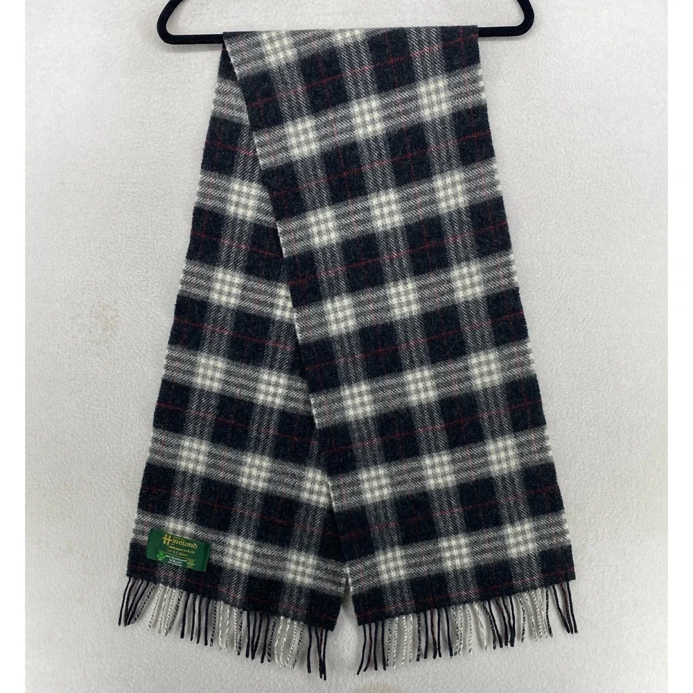 JOHN HANLY & CO FOR LL BEAN Scarf Lambswool Check Fringe Wrap Gray 11